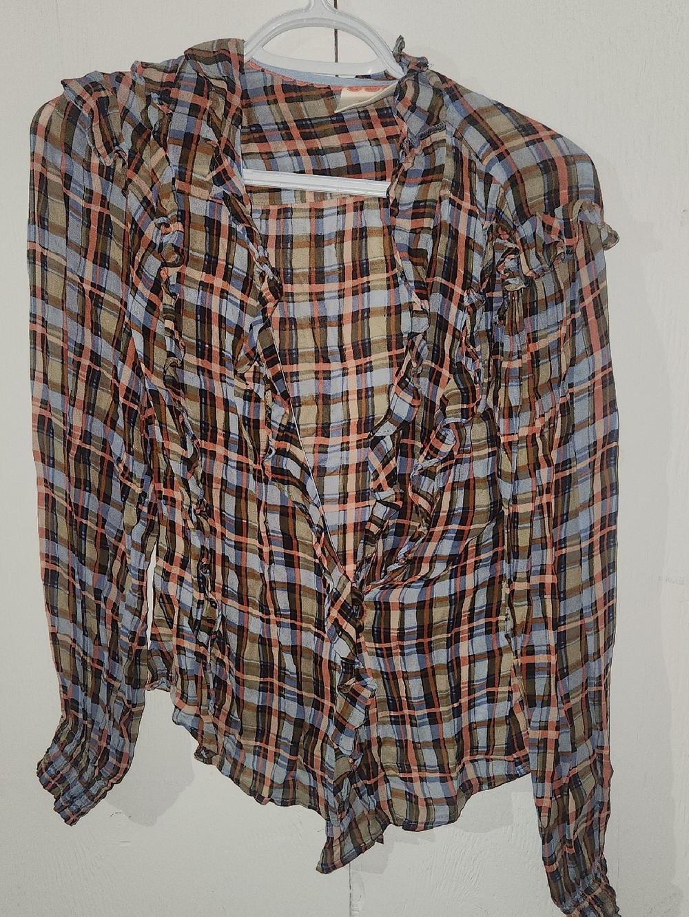 Anthropologie Plaid Ruffle-Trim Long-Sleeve Blouse — Brown & Blue